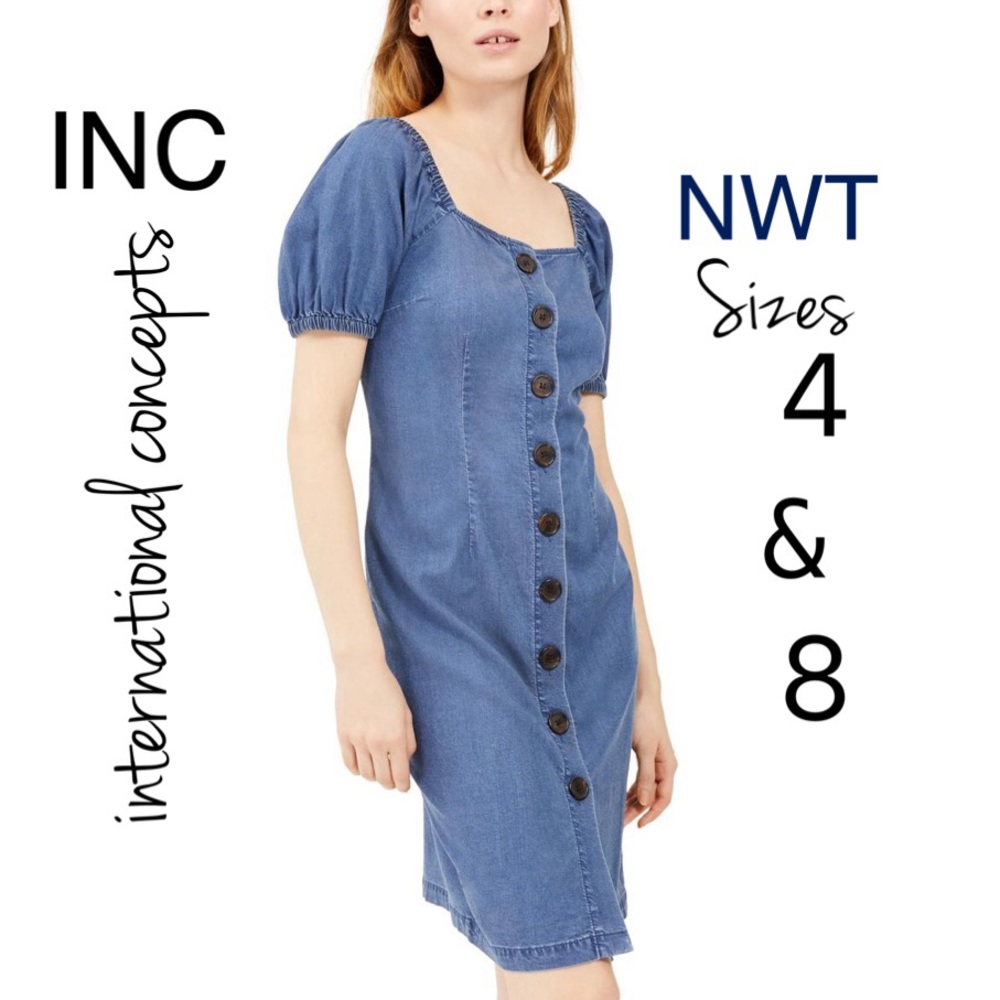 NWT INC International denim dress button up square neck puff